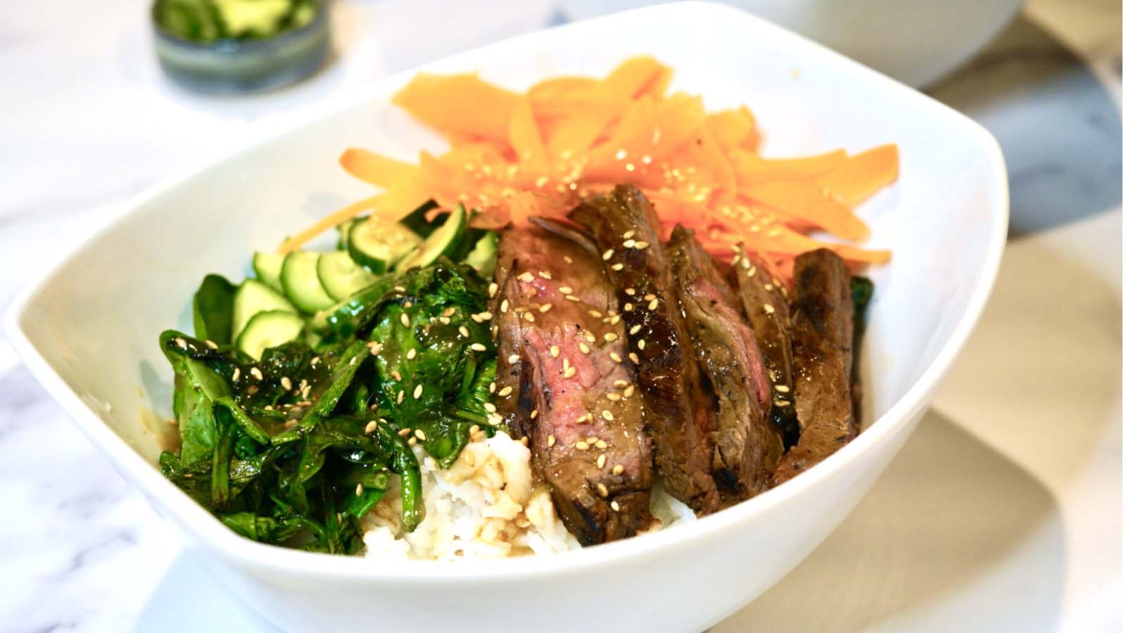 Low FODMAP Steak Teriyaki with Quick Pickle Cucumbers and White 