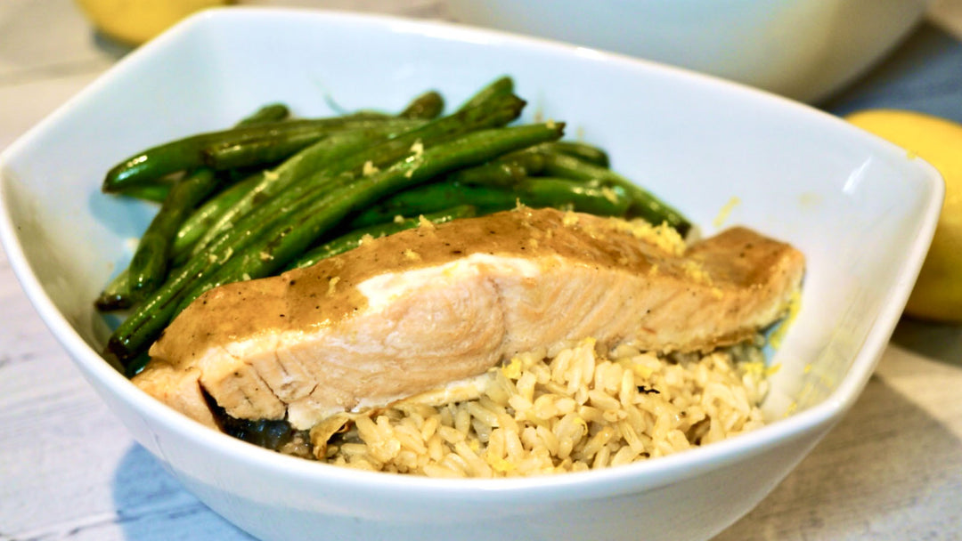 Low FODMAP Dijon Roasted Salmon with Balsamic Green Beans and Brown Rice