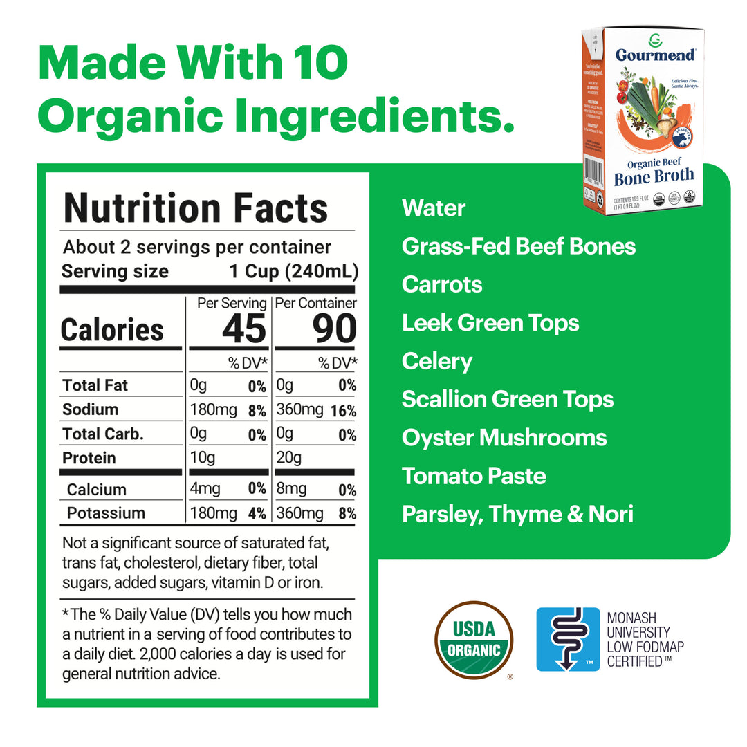 Made with 10 organic ingredients: Water, Grass-Fed Beef Bones, Carrots
Leek Green Tops, Celery. Scallion Green Tops, Oyster Mushrooms, Tomato Paste, Parsley, Thyme & Nori