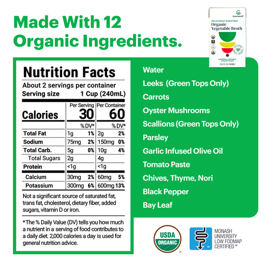 Ingredients: Water, Leeks  (Green Tops Only), Carrots, Oyster Mushrooms
Scallions (Green Tops Only), Parsley
Garlic Infused Olive Oil, Tomato Paste
Chives, Thyme, Nori, Black Pepper, Bay Leaf